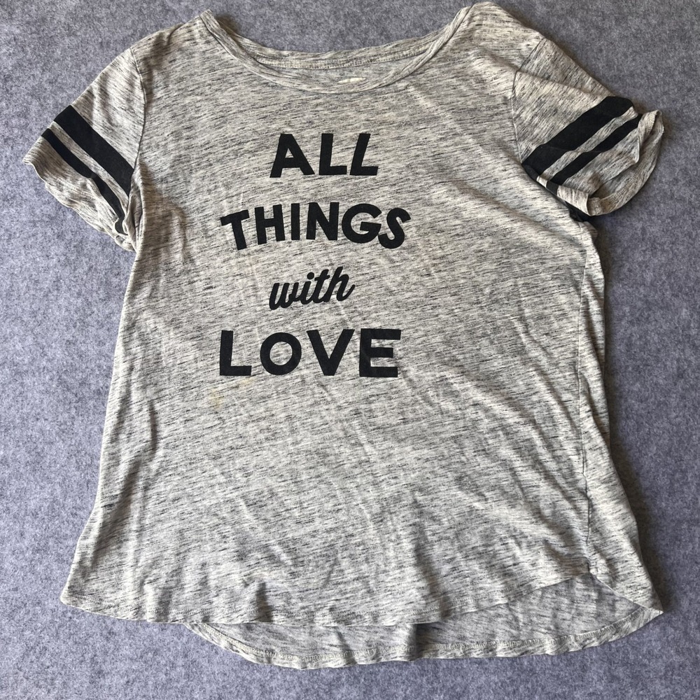 Old Navy Everywear Graphic Tee Medium Gray All Things With Love Varsity Stripe
